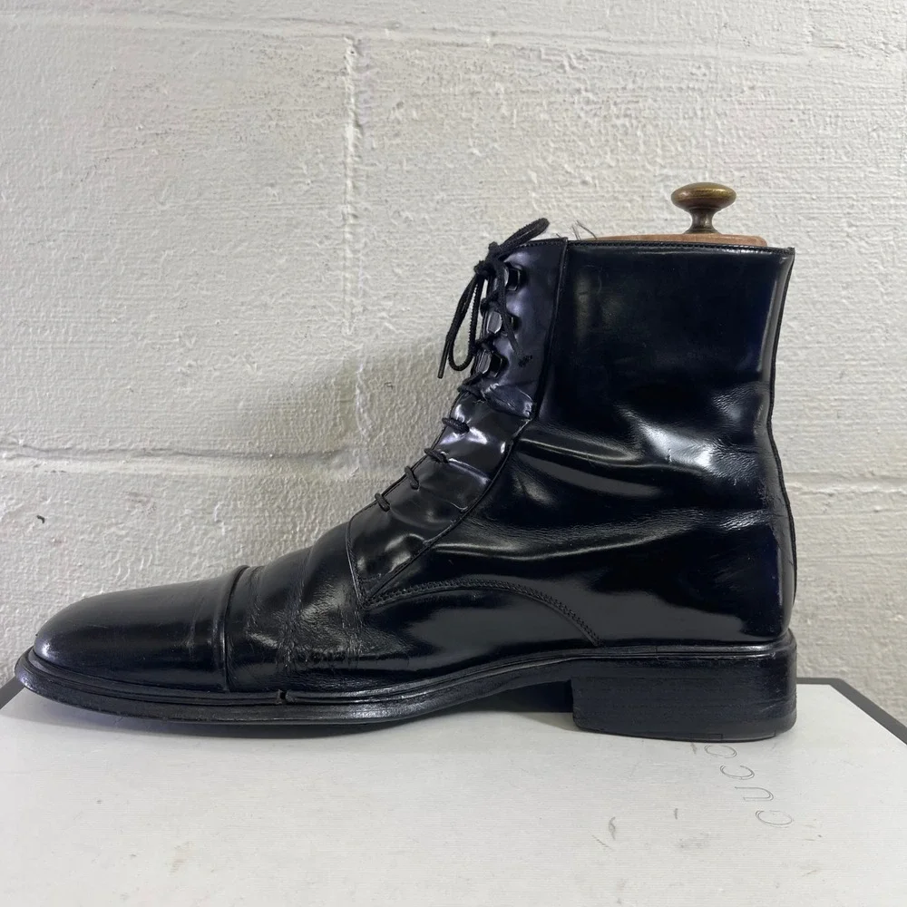 Gucci Men's Black Leather Cap Toe Ankle Boots Dress Shoes Lace up Size 9.5‎ US